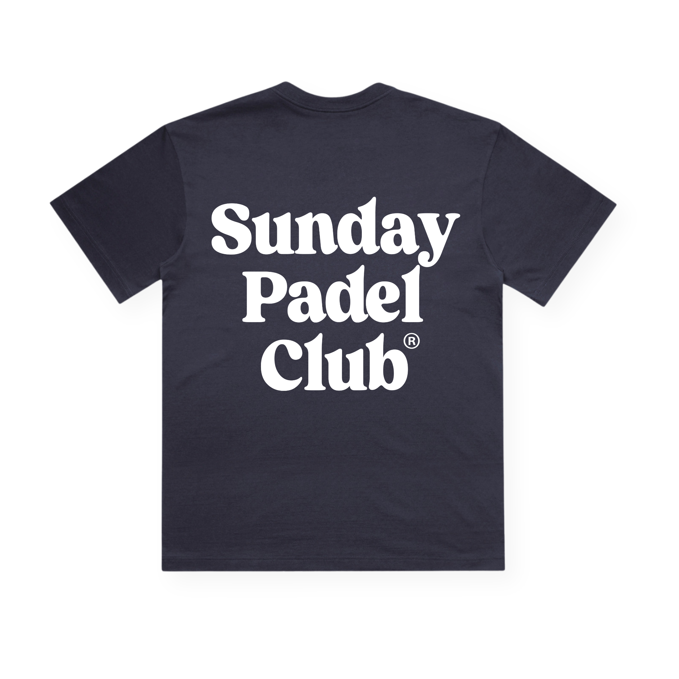 PSF Collective A navy premium box tee viewed from the back displays large, bold white text reading Sunday Padel Club® centered across the upper half of the shirt. The design is simple and uses a playful, rounded font style—perfect for those who embrace the padel lifestyle. Designed for the Unwind