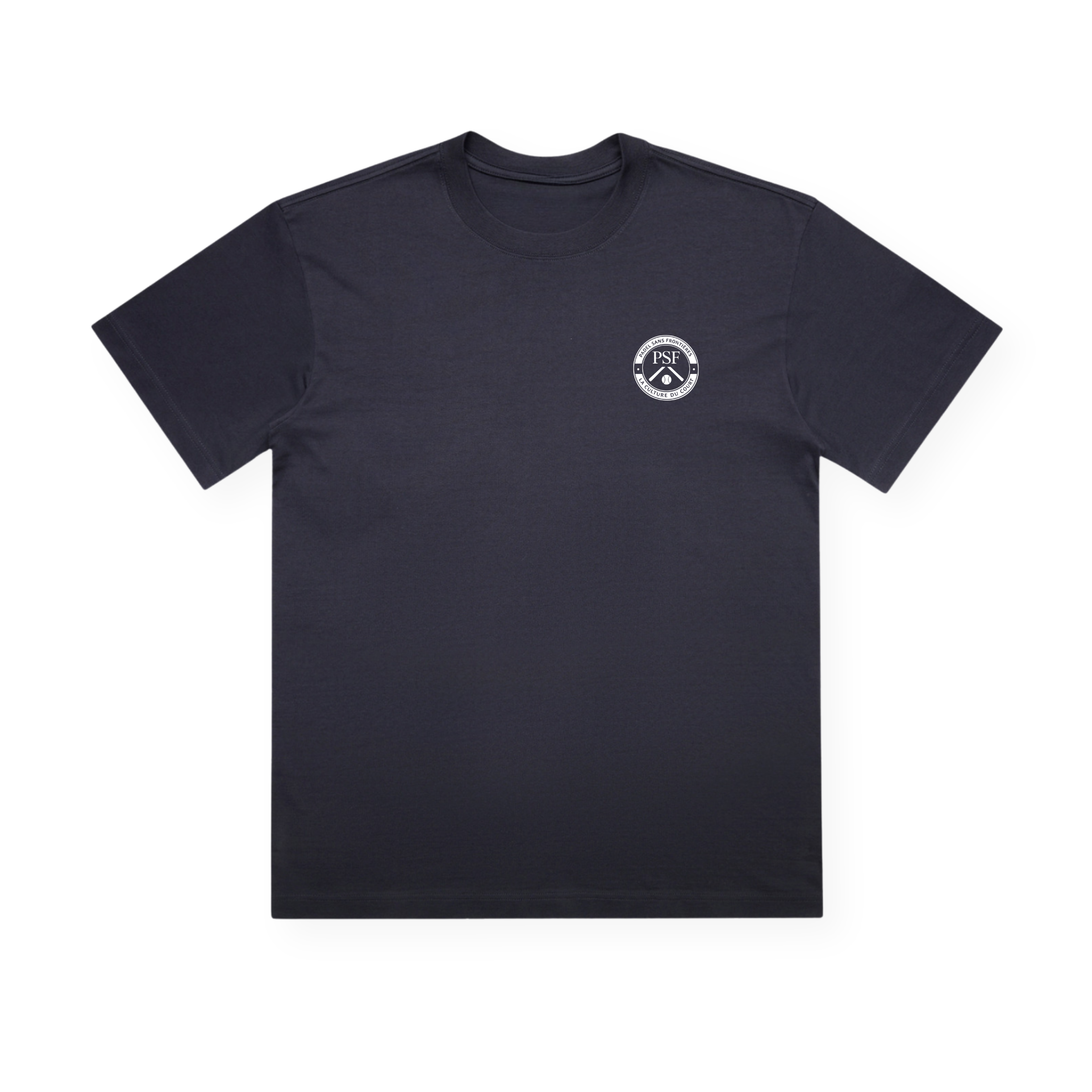 PSF Collective A plain navy Sunday Padel Club Box Tee lies flat on a white background. A small, round white logo featuring two crossed tools and the text “FINE GOODS” is displayed on the upper left chest, reflecting Sunday Padel Club style. The shirt appears new and unworn. Designed for the Unwind