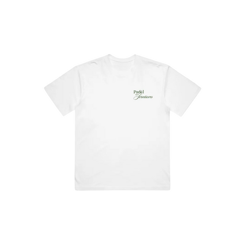 PSF Collective A plain white unisex Classic Rackets Box Tee lies flat on a light gray background. Small black text on the left chest reads Padel Sneakers in a simple, modern font. The short-sleeve shirt has no other visible designs. Designed for the Unwind
