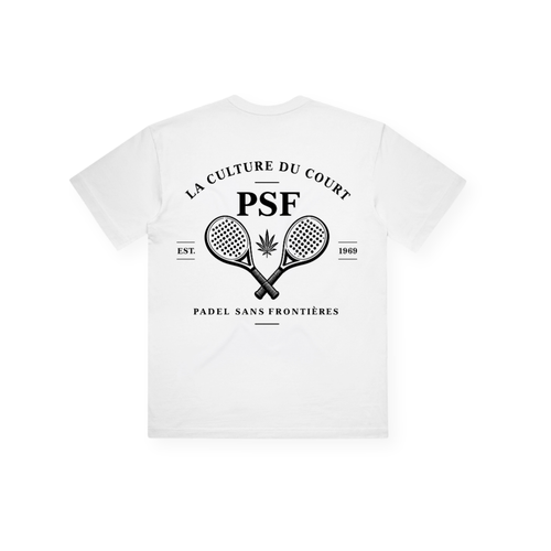 PSF Collective The Classic Rackets Box Tee is a white unisex box t-shirt featuring a vintage-inspired black graphic on the back, showcasing two crossed padel rackets with a small leaf at the center, and text that reads: “LA CULTURE DU COURT,” “PSF,” “EST. 1989,” and “PADEL SANS FRONTIÈRES.” This tee blends sporty simplicity with authentic racket culture style. Designed for the Unwind