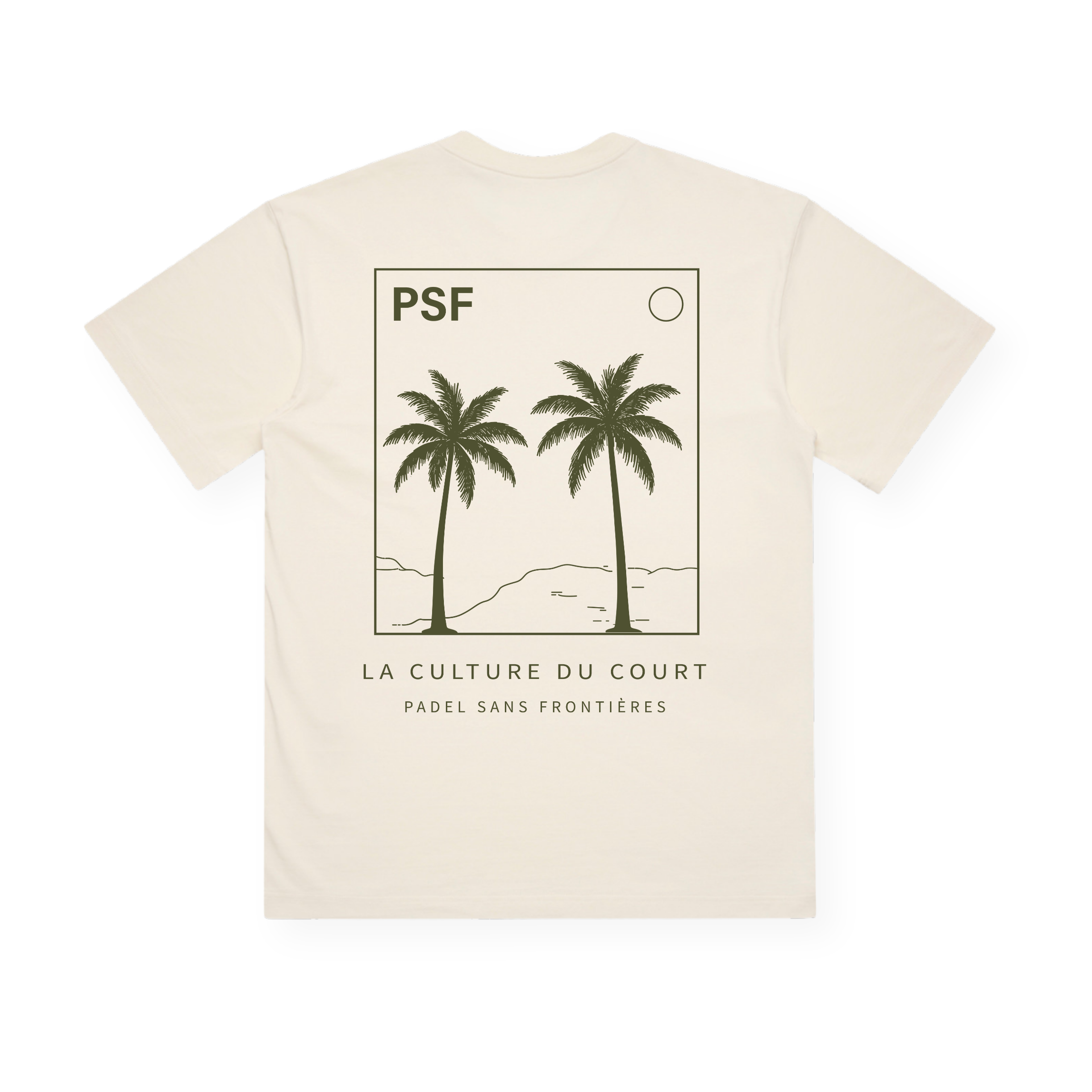 PSF Collective Introducing the Two Palms Box Tee: a cream-colored T-shirt featuring a minimalist line drawing of two palm trees, hills, and a sun enclosed in a rectangle. “PSF” is printed above the artwork, with “LA CULTURE DU COURT” and “PADEL SANS FRONTIÈRES” below. Designed with a relaxed box fit and the graphic centered on the back, this tee delivers an effortlessly vintage coastal look. Designed for the Unwind