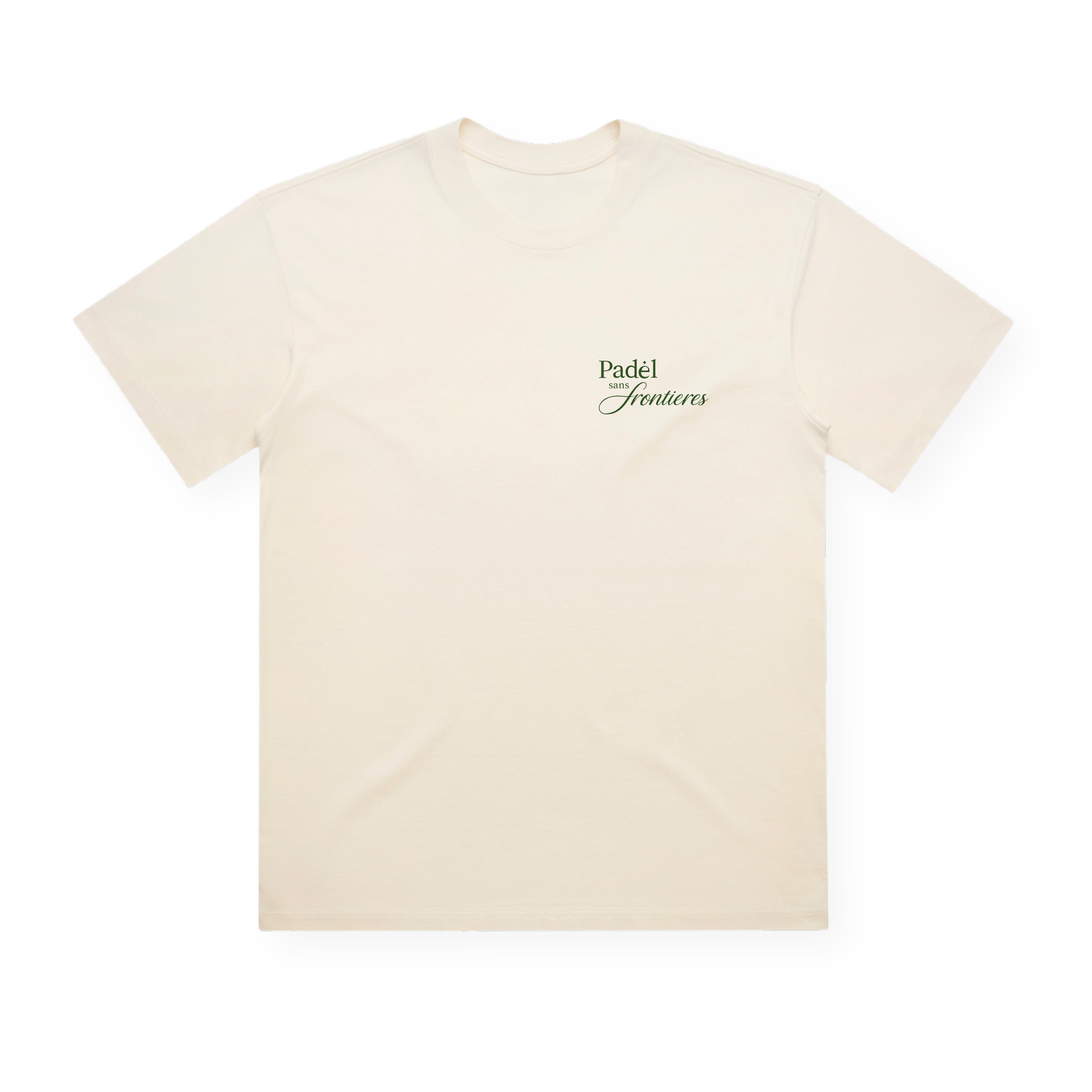 PSF Collective The Two Palms Box Tee is displayed on a white background. This relaxed, cream-colored short-sleeve t-shirt features small dark green cursive text reading “Padel Features” on the left chest. Designed with a classic crew neckline and embracing a simple, minimalistic style, it delivers an understated vintage coastal vibe. Designed for the Unwind
