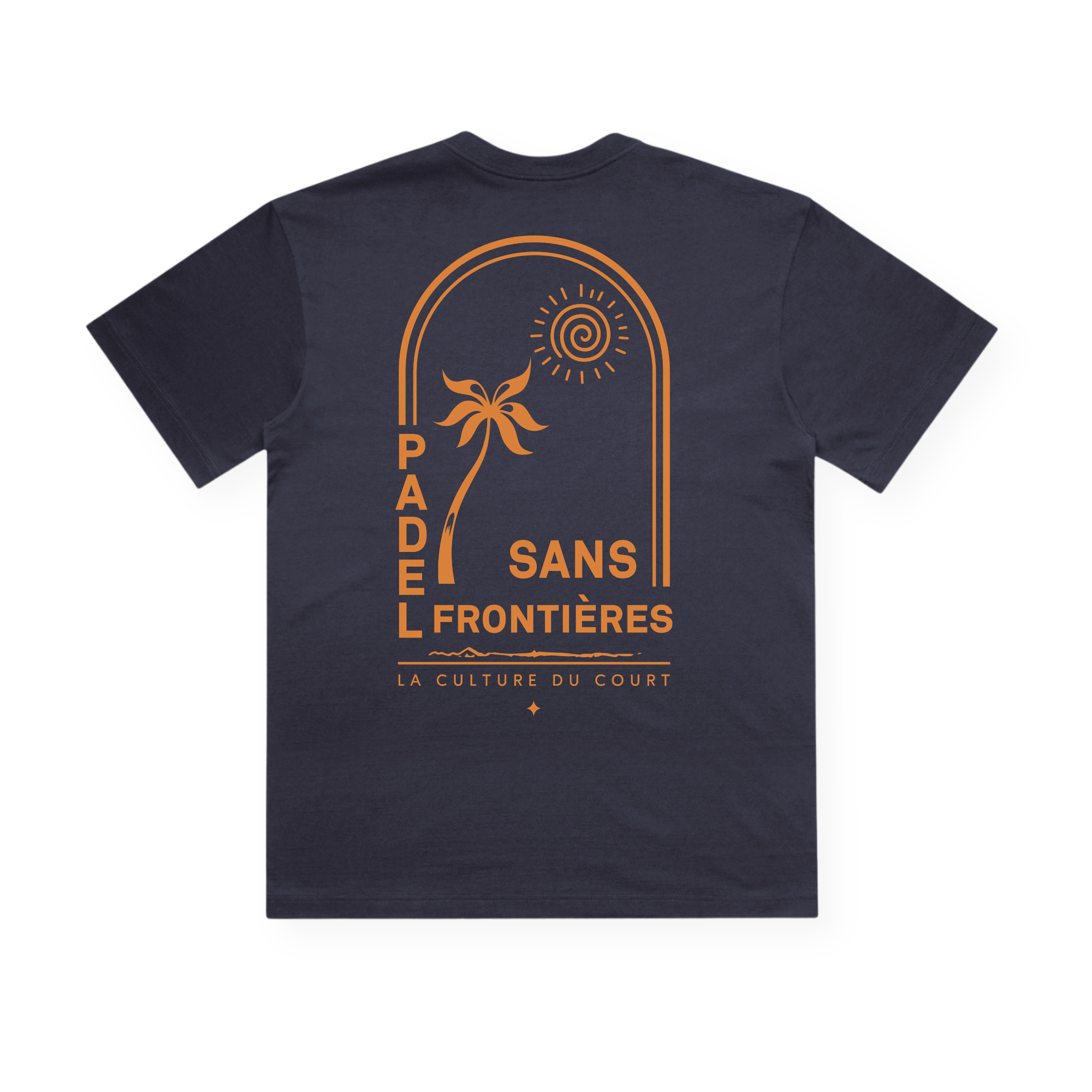 PSF Collective Sun Arch in Orange Box Tee: A navy T-shirt featuring a retro-inspired graphic of a palm tree beneath the sun, framed by an arch. The text “Padel Sans Frontières” is displayed prominently, with “La Culture Du Court” written below in smaller letters. This design captures a relaxed, summery, and sporty vibe. Designed for the Unwind