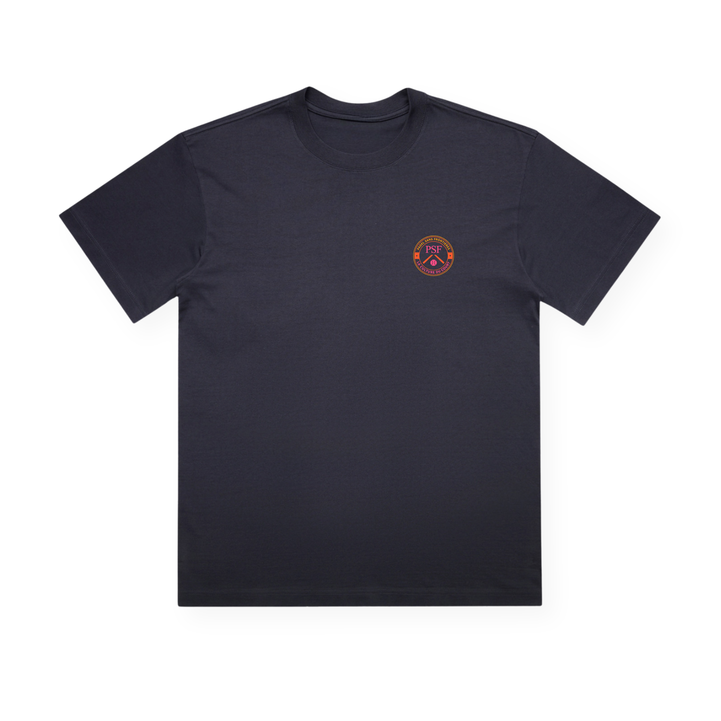 PSF Collective The Sun Arch in Orange Box Tee is a navy blue short-sleeve t-shirt laid flat, featuring a small orange Sun Arch design inside a box on the left chest. The shirt has a classic crew neckline and captures the effortless style of a vintage sport tee, with no other visible designs or text. Designed for the Unwind