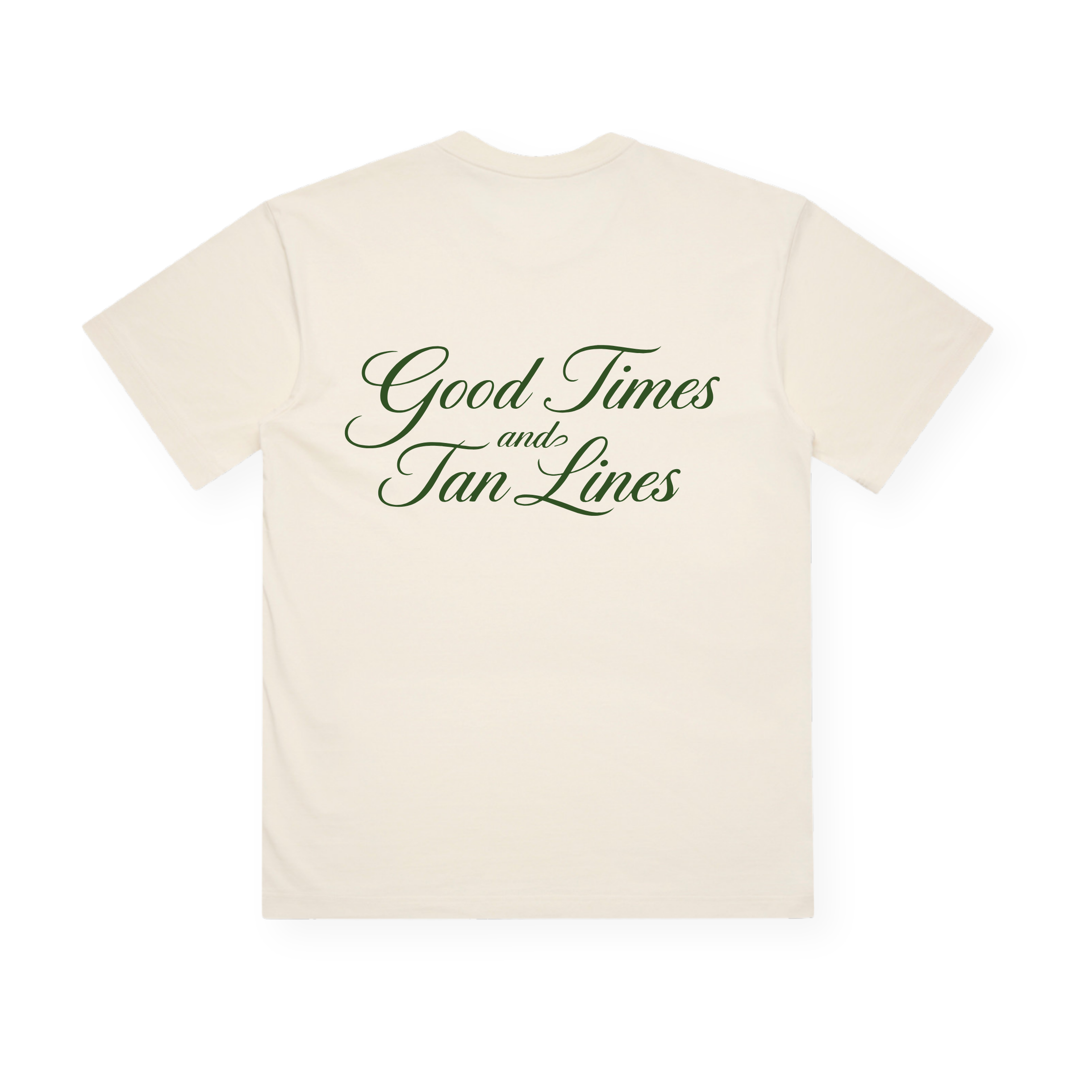 PSF Collective The Good Times and Tan Lines in Green Box Tee is a cream-colored summer t-shirt shown laid flat from the back. “Good Times and Tan Lines” is printed in bold, elegant green script across the back. This beach shirt features short sleeves and a lightweight feel with no additional visible designs or logos. Designed for the Unwind