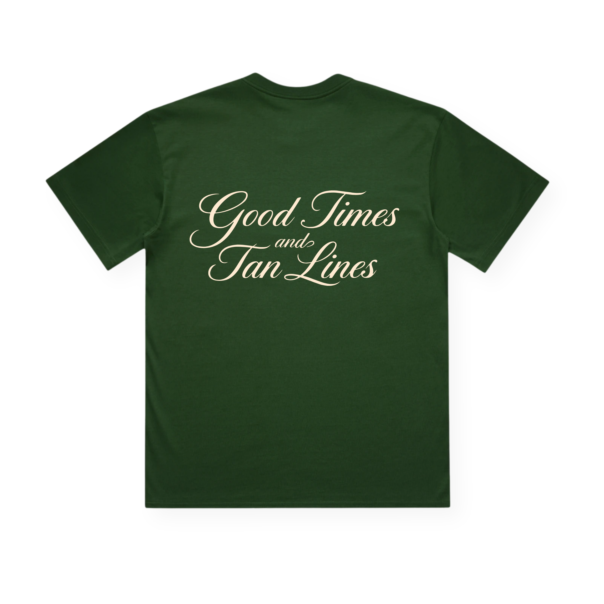 PSF Collective The Good Times and Tan Lines in Cream Box Tee, shown in dark green and displayed flat on a white background, features large, elegant cream-colored cursive lettering reading “Good Times and Tan Lines” across the shoulders and upper back—perfectly capturing the spirit of sun-soaked beach days. Designed for the Unwind