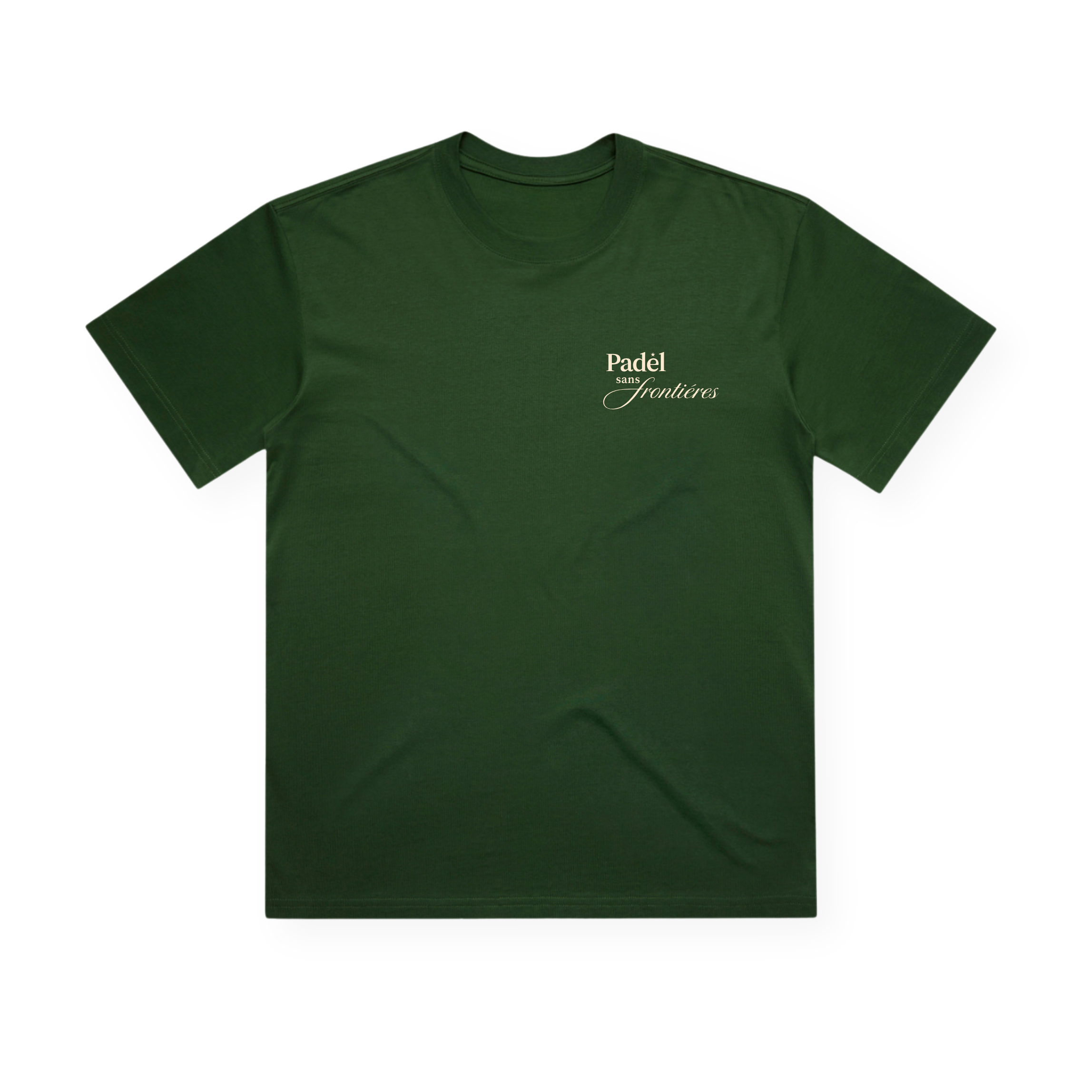 PSF Collective A plain forest green T-shirt is laid flat. On the left chest, small cream text reads “Good Times and Tan Lines” in a simple, elegant font. Designed for lightweight comfort, the shirt features short sleeves and a classic crew neckline. No other designs or patterns are visible. Designed for the Unwind