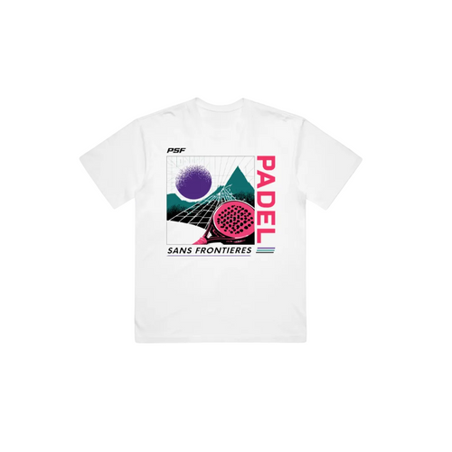 PSF Collective The 90's Neon Box Tee features a bold "PADEL SANS FRONTIÈRES" and a vibrant graphic with a grid, mountains, purple ball, and red racket. Its retro geometric style is finished with a "PSF" accent on the top left. Designed for the Unwind
