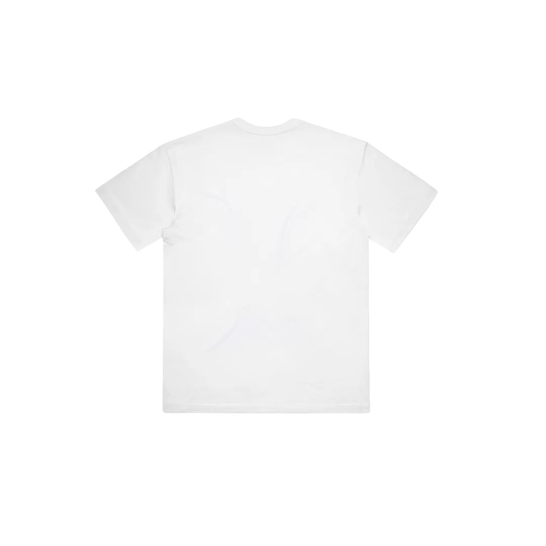 PSF Collective The 90's Neon Box Tee, a plain white short-sleeve t-shirt with a smooth fabric and minimalistic design, is shown laid flat from the back against a light gray background. No logos, patterns, or text are visible, offering timeless versatility. Designed for the Unwind