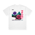 PSF Collective The 90′s Neon Box Tee is a white T-shirt featuring a graphic with a purple padel ball, pink racket, green mountains, and net. The design showcases the text “PSF,” “PADEL” in vertical pink lettering, and “SANS FRONTIÈRES” above blue, pink, and black lines. This vaporwave-inspired padel shirt channels the retro-sport vibe of classic 90s athletic tees. Designed for the Unwind