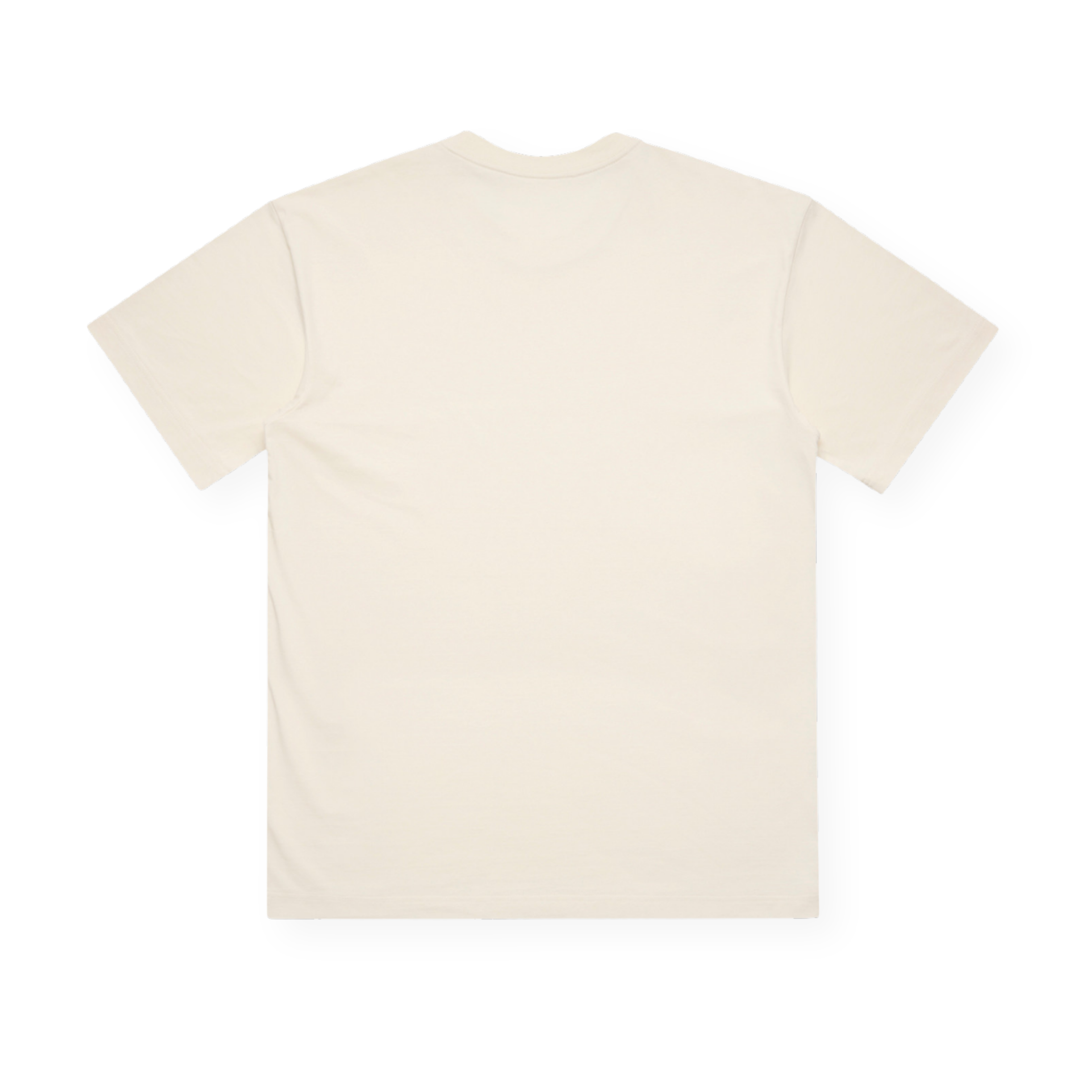PSF Collective The Origins Box Tee, a plain, short-sleeved top in off-white with a box silhouette, is displayed laid flat with the back facing up. Free of visible logos, designs, or patterns, this T-shirt appears clean and neatly arranged against a white background—ideal for minimalist graphic styling or embracing a relaxed coastal road trip vibe. Designed for the Unwind