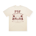 PSF Collective Introducing the Origins Box Tee—a cream-colored silhouette shirt showcasing maroon “PSF COLLECTIVE” lettering above a minimalist tennis court graphic with palm trees, a sunrise in the background, and smaller text below reading “LA CULTURE DU COURT ACAPULCO MEXICO.”. Designed for the Unwind