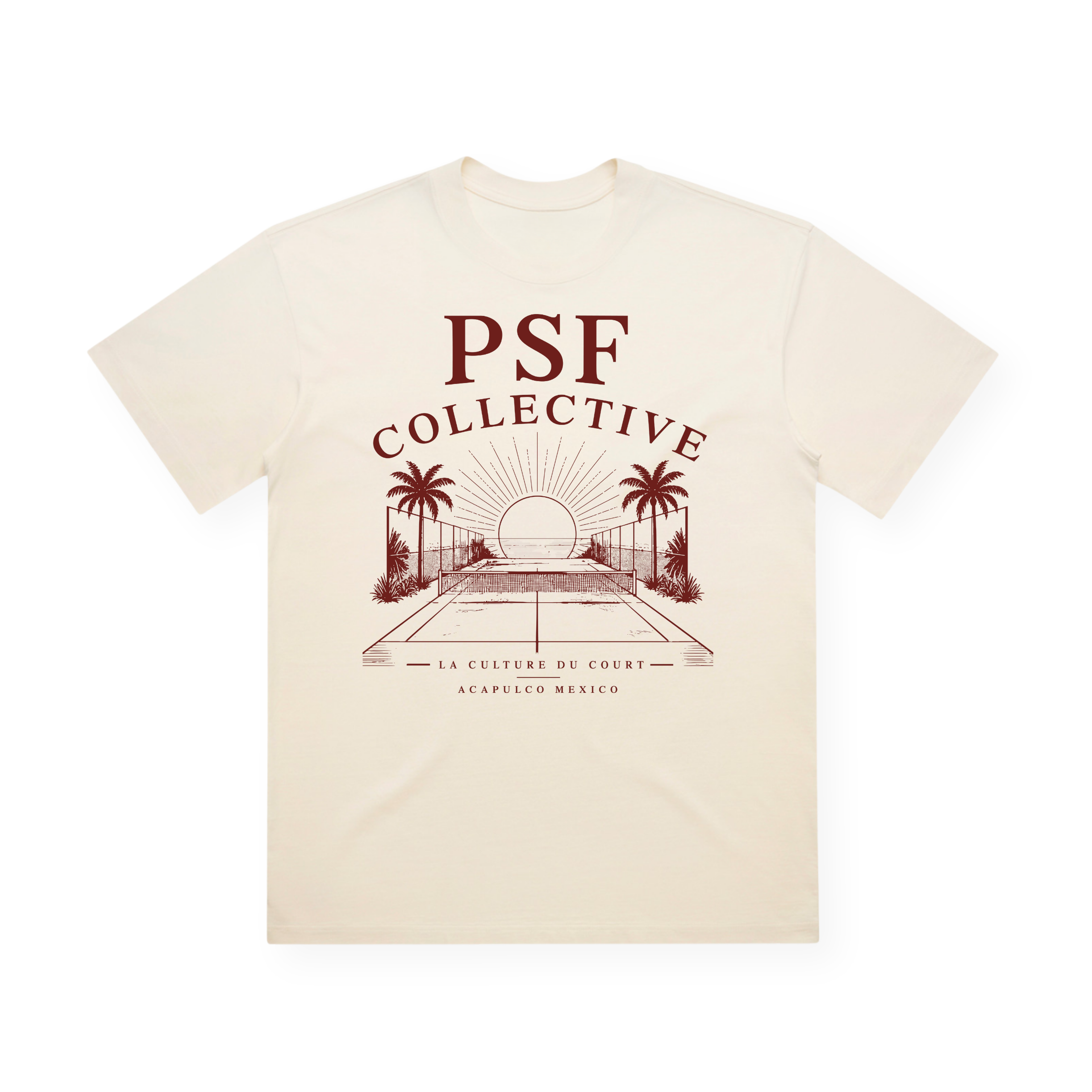 PSF Collective Introducing the Origins Box Tee—a cream-colored silhouette shirt showcasing maroon “PSF COLLECTIVE” lettering above a minimalist tennis court graphic with palm trees, a sunrise in the background, and smaller text below reading “LA CULTURE DU COURT ACAPULCO MEXICO.”. Designed for the Unwind