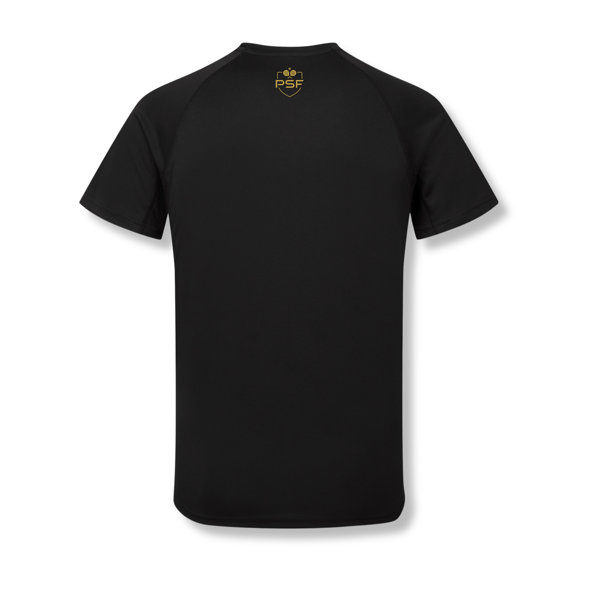 PSF Collective The back view of a solid black, short-sleeved PSF On Court Black Active T-Shirt in textured fabric, featuring a small gold logo of two crossed rackets above the letters PSF centered just below the neckline. Designed for the Unwind