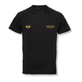 PSF Collective PSF On Court Black Active T-Shirt in black with raglan sleeves and a breathable mesh neckline, featuring a gold graphic of crossed padel rackets on the left chest and the gold text PADEL SANS FRONTIÈRES INTERNATIONAL PADEL CLUB on the right. Designed for the Unwind