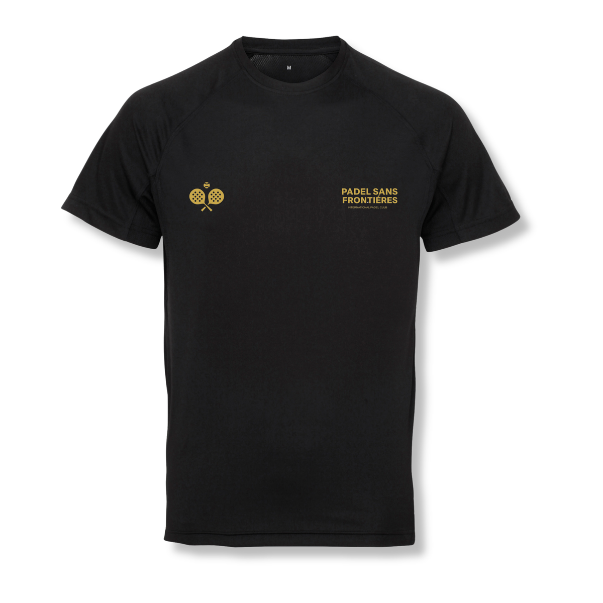PSF Collective PSF On Court Black Active T-Shirt in black with raglan sleeves and a breathable mesh neckline, featuring a gold graphic of crossed padel rackets on the left chest and the gold text PADEL SANS FRONTIÈRES INTERNATIONAL PADEL CLUB on the right. Designed for the Unwind