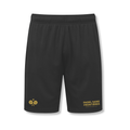 PSF Collective PSF On Court Black Shorts featuring an elastic waistband, a gold crossed padel rackets icon on the left, and gold PADEL SANS FRONTIÈRES INTERNATIONAL PADEL CLUB text on the right. Designed for the Unwind