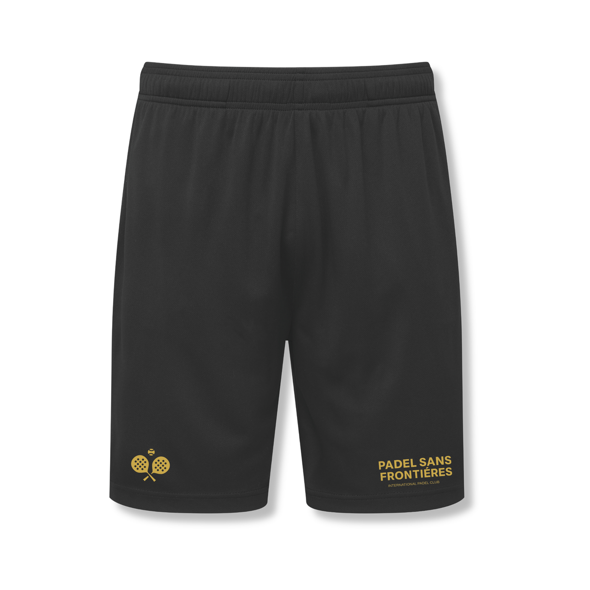 PSF Collective PSF On Court Black Shorts featuring an elastic waistband, a gold crossed padel rackets icon on the left, and gold PADEL SANS FRONTIÈRES INTERNATIONAL PADEL CLUB text on the right. Designed for the Unwind