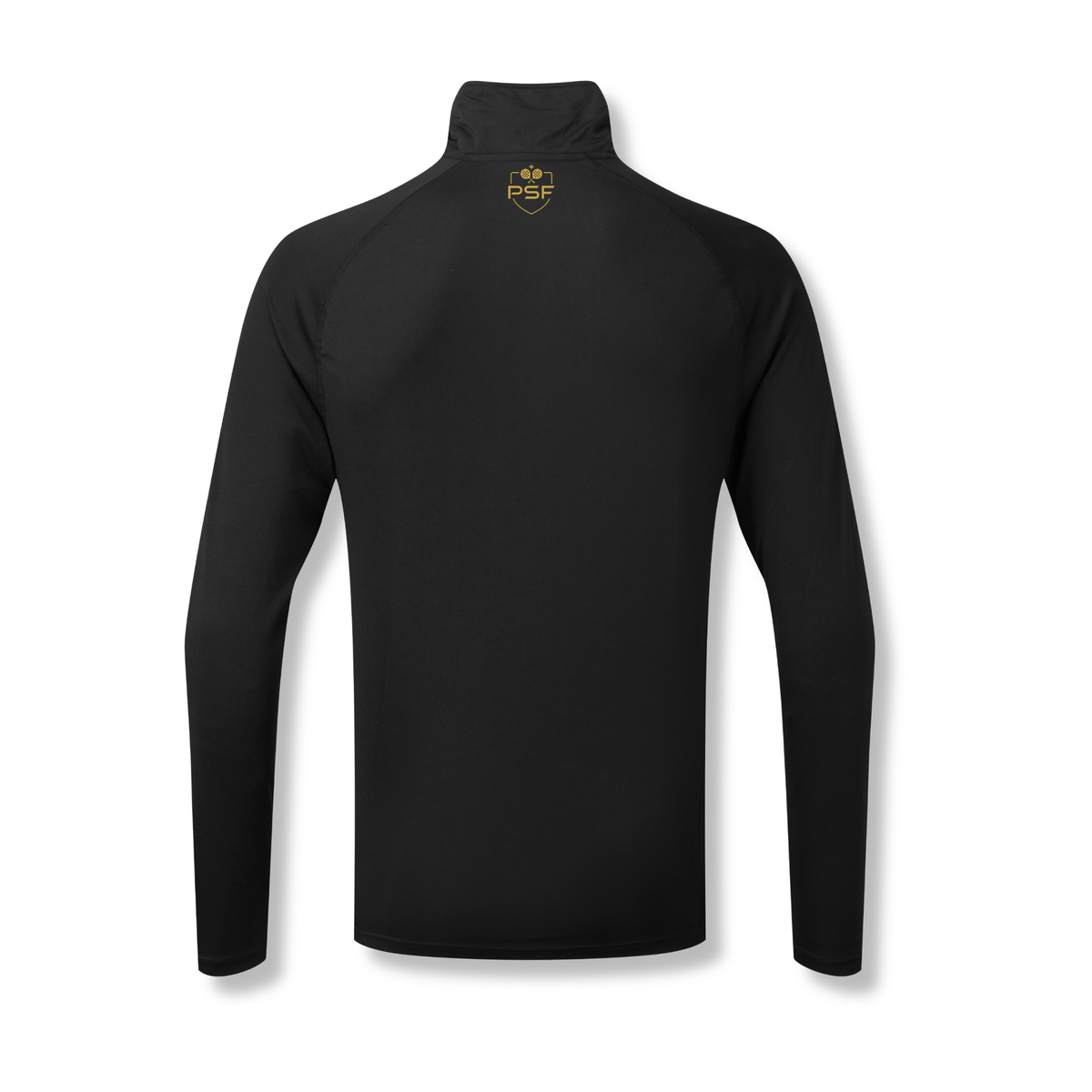 PSF Collective The back view of a PSF On Court Black 1/4 Zip Jacket featuring a small gold logo of two crossed tennis rackets above the letters PSF centered just below the collar. Designed for the Unwind