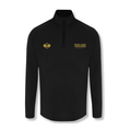 PSF Collective PSF On Court Black 1/4 Zip Jacket in black with long sleeves, featuring a gold icon of two crossed padel rackets with a ball on the right chest and gold PADEL SANS FRONTIÈRES INTERNATIONAL PADEL CLUB text on the left. Designed for the Unwind