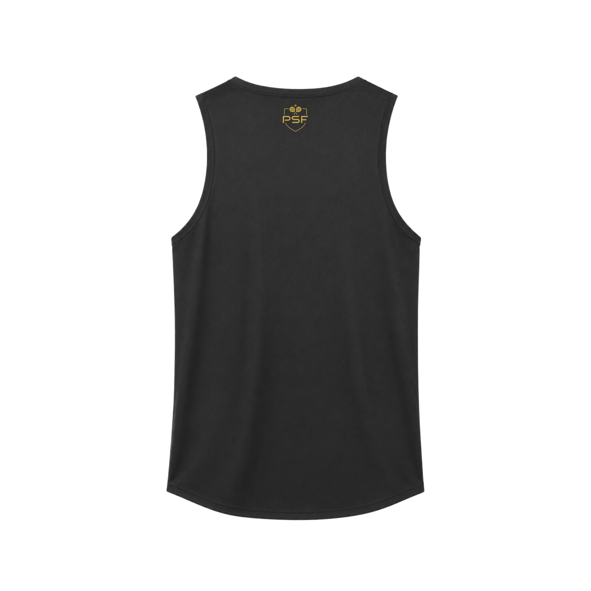 PSF Collective Back view of the solid black PSF On Court Black Active Vest, featuring a sleeveless design and rounded hem, with a small gold-colored shield logo containing crossed tennis rackets and the letters PSF centered below the neckline. Designed for the Unwind
