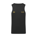PSF Collective A black sleeveless PSF On Court Black Active Vest with a crew neckline, featuring gold padel racket and tennis ball graphics on the chest with the text PADEL SANS FRONTIÈRES INTERNATIONAL PADEL CLUB. Designed for the Unwind