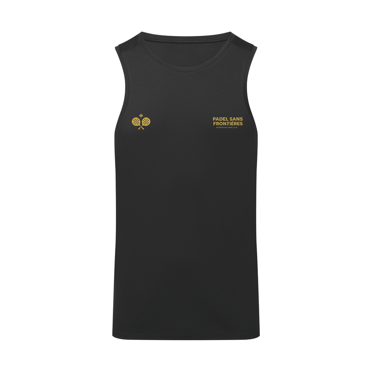 PSF Collective A black sleeveless PSF On Court Black Active Vest with a crew neckline, featuring gold padel racket and tennis ball graphics on the chest with the text PADEL SANS FRONTIÈRES INTERNATIONAL PADEL CLUB. Designed for the Unwind