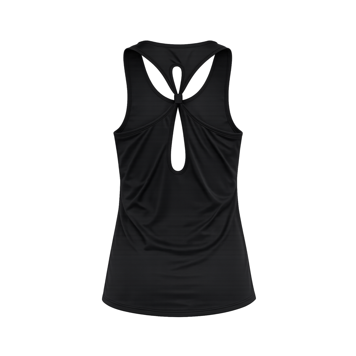 PSF Collective A PSF On Court Womens Active Black Vest shown from the back against a white background, featuring a racerback design with a teardrop cutout and a fitted silhouette. Designed for the Unwind