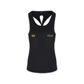 PSF Collective The PSF On Court Womens Active Black Vest is a sleeveless racerback style featuring a gold graphic of two crossed padel rackets on the left and the gold text PADEL SANS FRONTIÈRES on the right against a white background. Designed for the Unwind