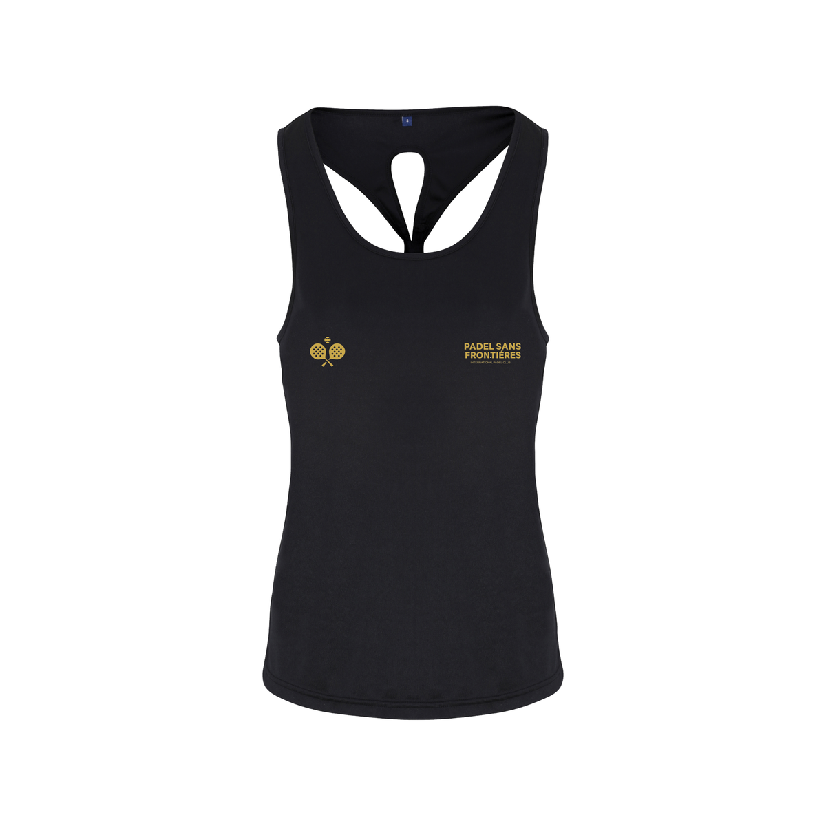 PSF Collective The PSF On Court Womens Active Black Vest is a sleeveless racerback style featuring a gold graphic of two crossed padel rackets on the left and the gold text PADEL SANS FRONTIÈRES on the right against a white background. Designed for the Unwind