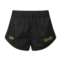 PSF Collective PSF On Court Womens Active Black Short featuring an elastic waistband, curved hems, a gold crossed padel rackets icon on the left leg, and gold PADEL SANS FRONTIÈRES and INTERNATIONAL PADEL CLUB text on the right leg. Designed for the Unwind