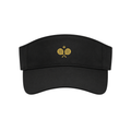 PSF Collective The PSF On Court Black Active Visor is centered against a white background, featuring an embroidered gold icon on the front panel depicting two crossed pickleball paddles topped with a small ball. Designed for the Unwind