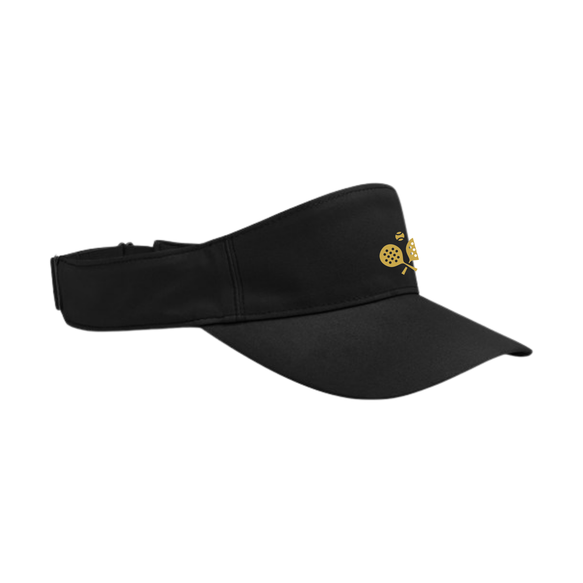 PSF Collective A side view of the black PSF On Court Black Active Visor on a white background, featuring a gold-colored pickleball paddle and ball icon on the front panel and an adjustable back strap. Designed for the Unwind