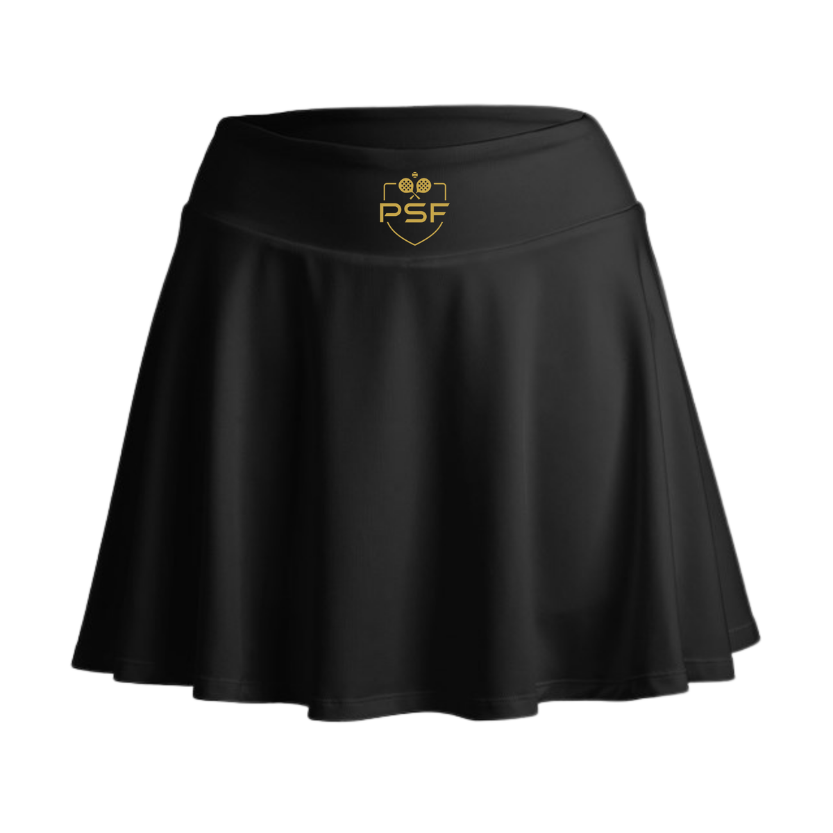 PSF Collective The PSF On Court Black Active Skirt is a black active skirt with a flared silhouette and a wide waistband featuring a gold-colored emblem of two crossed rackets inside a shield above the letters PSF. Designed for the Unwind