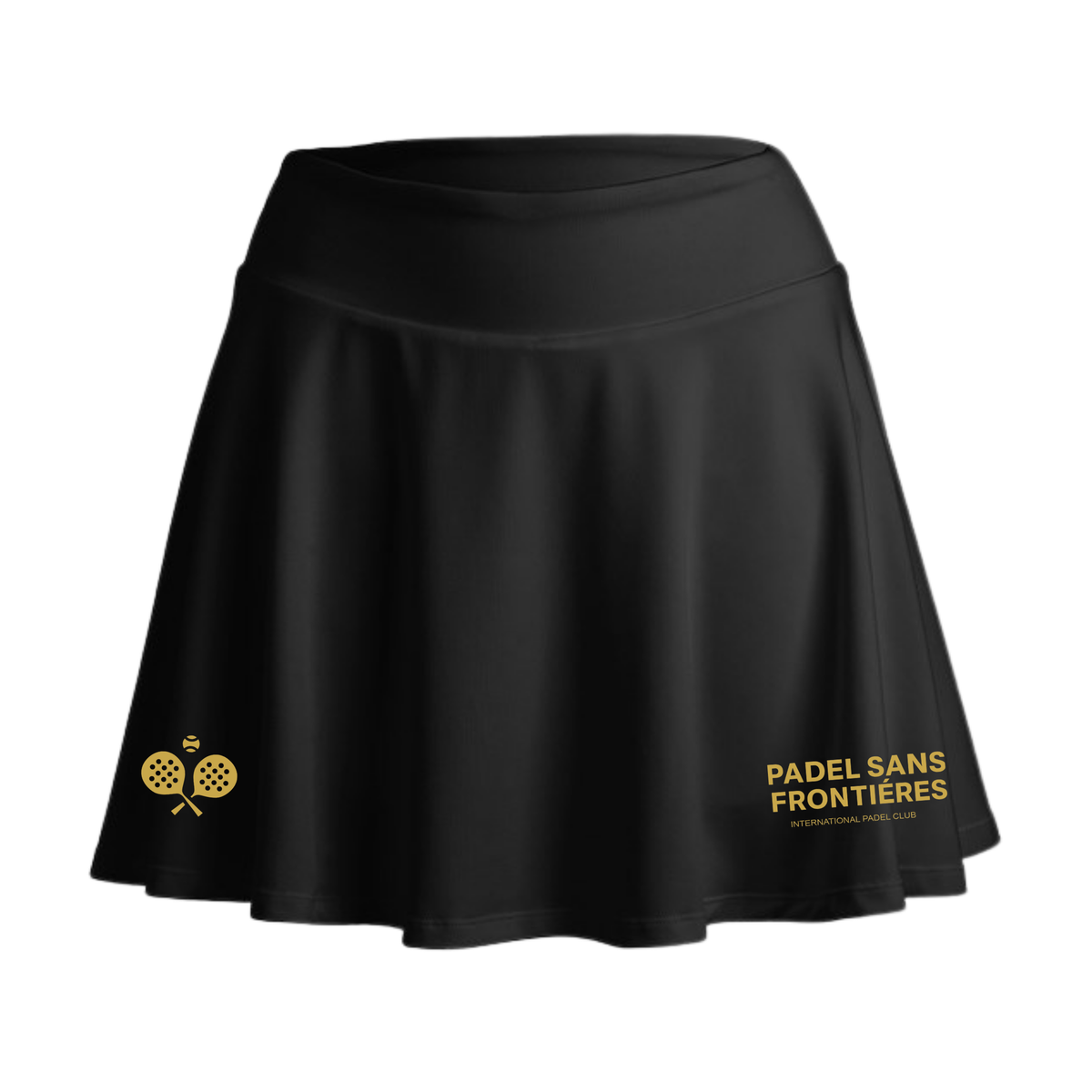 PSF Collective A black flared PSF On Court Black Active Skirt featuring a gold icon of two crossed padel rackets with a ball on the left and the gold text PADEL SANS FRONTIÈRES INTERNATIONAL PADEL CLUB on the right. Designed for the Unwind
