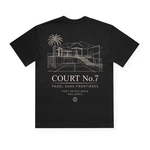 PSF Collective The Court No.7 Box Tee is a black premium garment t-shirt showcasing a line drawing of modern architecture with a palm tree and mountains on the back. Beneath the artwork, the text reads: COURT No.7 PADEL SANS FRONTIÈRES PORT DE POLLENÇA MALLORCA, accompanied by a small globe icon below. This is the perfect padel t-shirt for those who appreciate both style and attention to detail. Designed for the Unwind