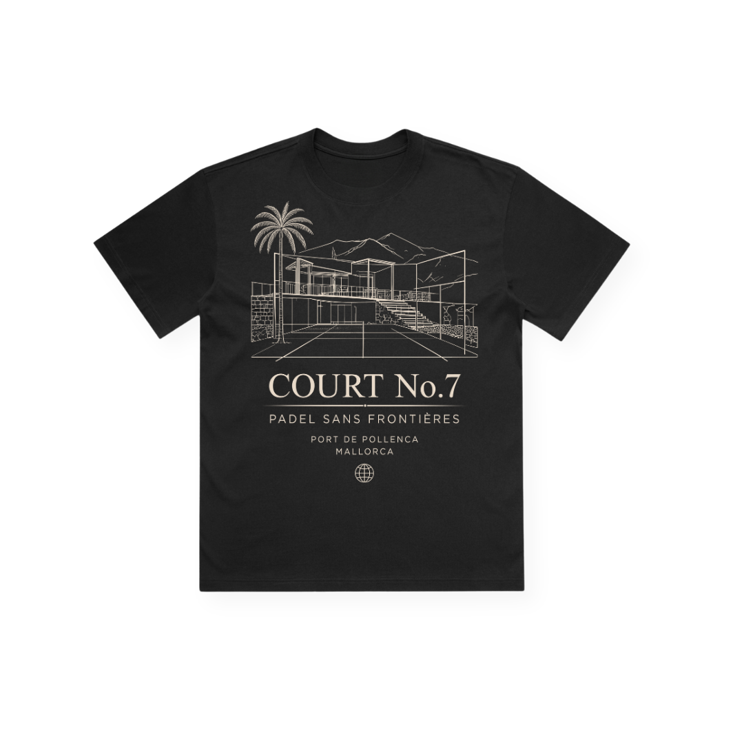 PSF Collective Introducing the Court No.7 Box Tee: a black padel t-shirt showcasing a minimalist line illustration of a padel court, palm tree, and mountains. The chest features an architectural design with the text “COURT No.7 PADEL SANS FRONTIÈRES PORT DE POLLENÇA MALLORCA” and a globe symbol below, all emphasizing its premium garment quality. Designed for the Unwind