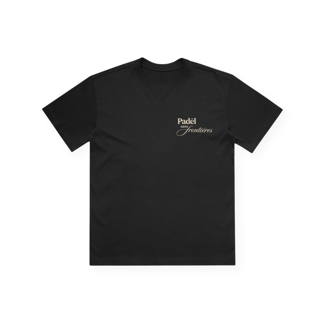 PSF Collective A Court No.7 Box Tee in plain black with short sleeves is laid flat on a white background. The left chest area displays the text “Padel Frontiers” in small, elegant white and gold lettering. Featuring a classic crew neckline and subtle, architectural design-inspired details, this premium t-shirt has no other visible designs. Designed for the Unwind