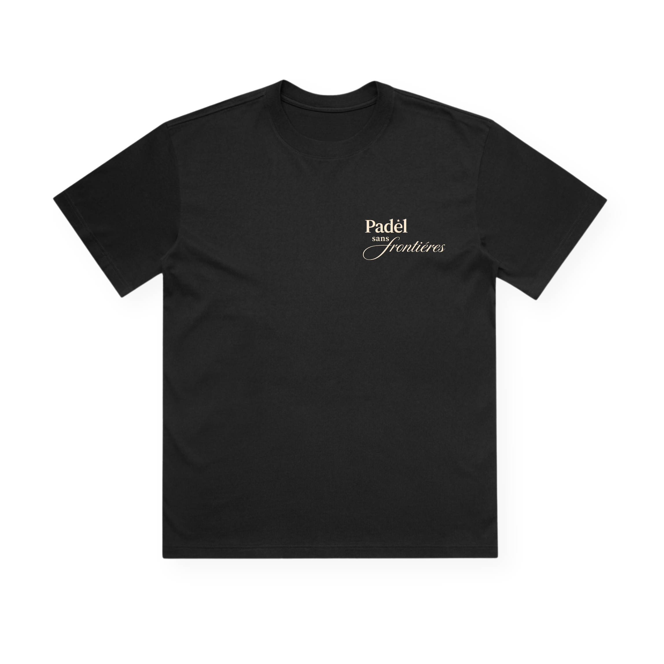 PSF Collective A Court No.7 Box Tee in plain black is laid flat. On the left chest, “Padel sans Frontières” appears in small, elegant white and gold text. This premium garment features no other visible designs or details. The background is white. Designed for the Unwind