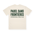 PSF Collective A cream-colored Green Ink Box tee, crafted from premium cotton, is shown from the back with bold green text reading PADEL SANS FRONTIÈRES above smaller green INTERNATIONAL PADEL CLUB lettering. Apart from the printed text, the t-shirt remains plain. Designed for the Unwind