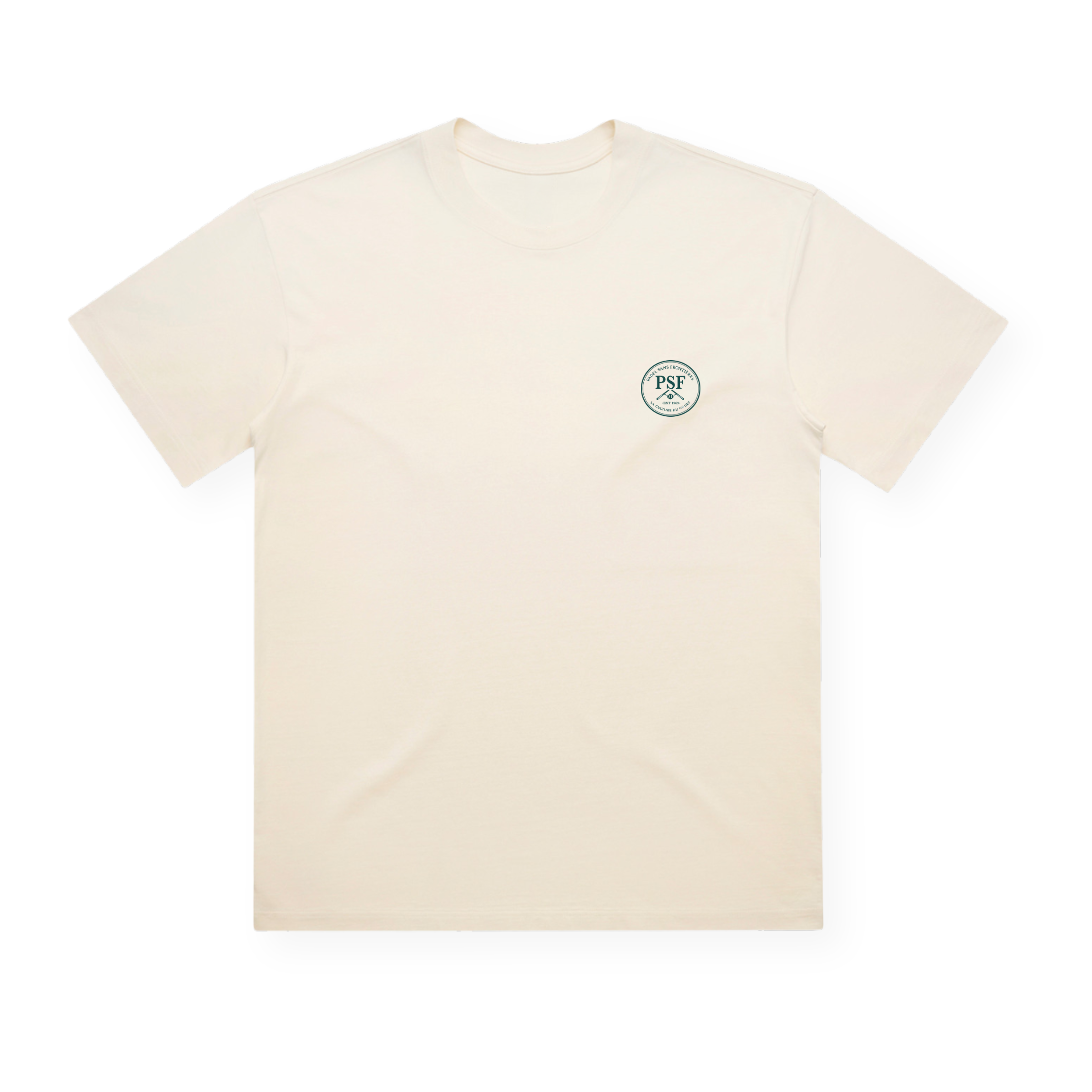 PSF Collective A premium cotton Green Ink Box tee is displayed flat on a white background. The off-white t-shirt features a minimal, clean design with a small circular logo reading PSF, bordered on the left chest—ideal for fans of the International Padel Club. Designed for the Unwind