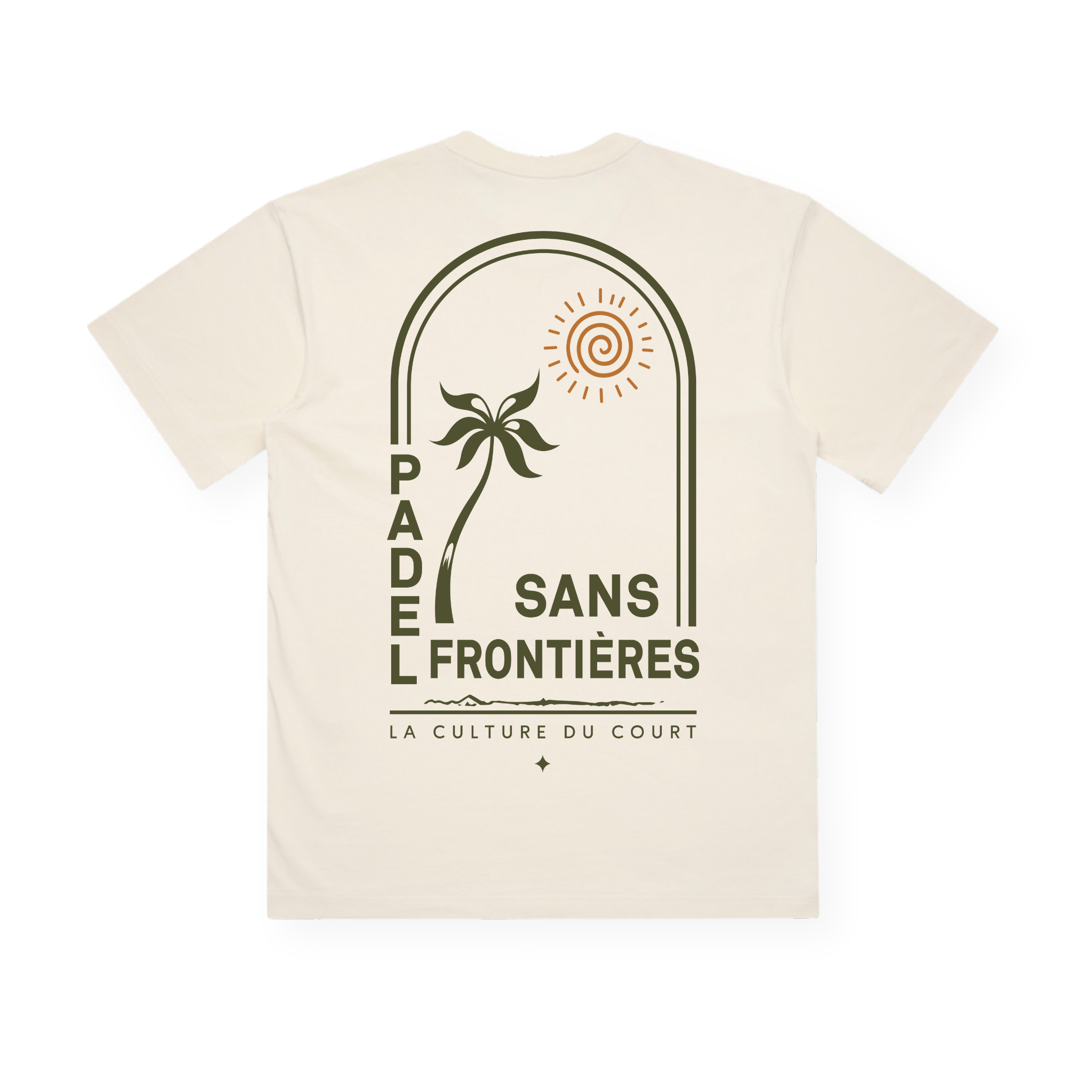 PSF Collective Introducing the Summer Arch in Green Box Tee—a casual cream t-shirt designed for laidback beach days. The back showcases a retro-inspired graphic featuring a stylized palm tree, sun, and archway. Text reads “PADEL SANS FRONTIÈRES” arranged vertically and horizontally, with “LA CULTURE DU COURT” along the bottom. Designed for the Unwind