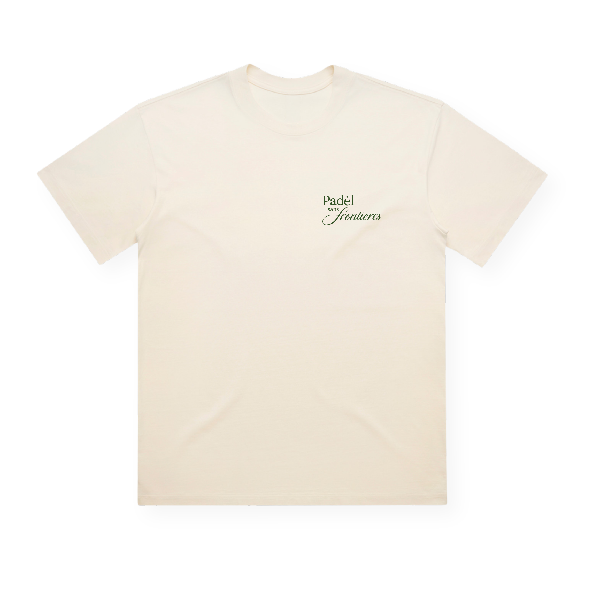 PSF Collective The cream-colored Summer Arch in Green Box Tee is shown laid flat. This short-sleeve t-shirt features small, dark green cursive text reading “Padel Juniors” on the left chest. With its vintage sport style, classic crew neckline, and minimalistic design free from additional graphics or patterns, this tee offers a timeless look. Designed for the Unwind
