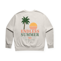 PSF Collective The Ladies Endless Summer Sweatshirt is a beige sustainable sweatshirt showcasing a graphic palm tree, orange sun, and the text “ENDLESS SUMMER 84 PSF COLLECTIVE” in green, orange, and tan on the back. This piece captures retro summer style with its vintage, summery vibe. Designed for the Unwind