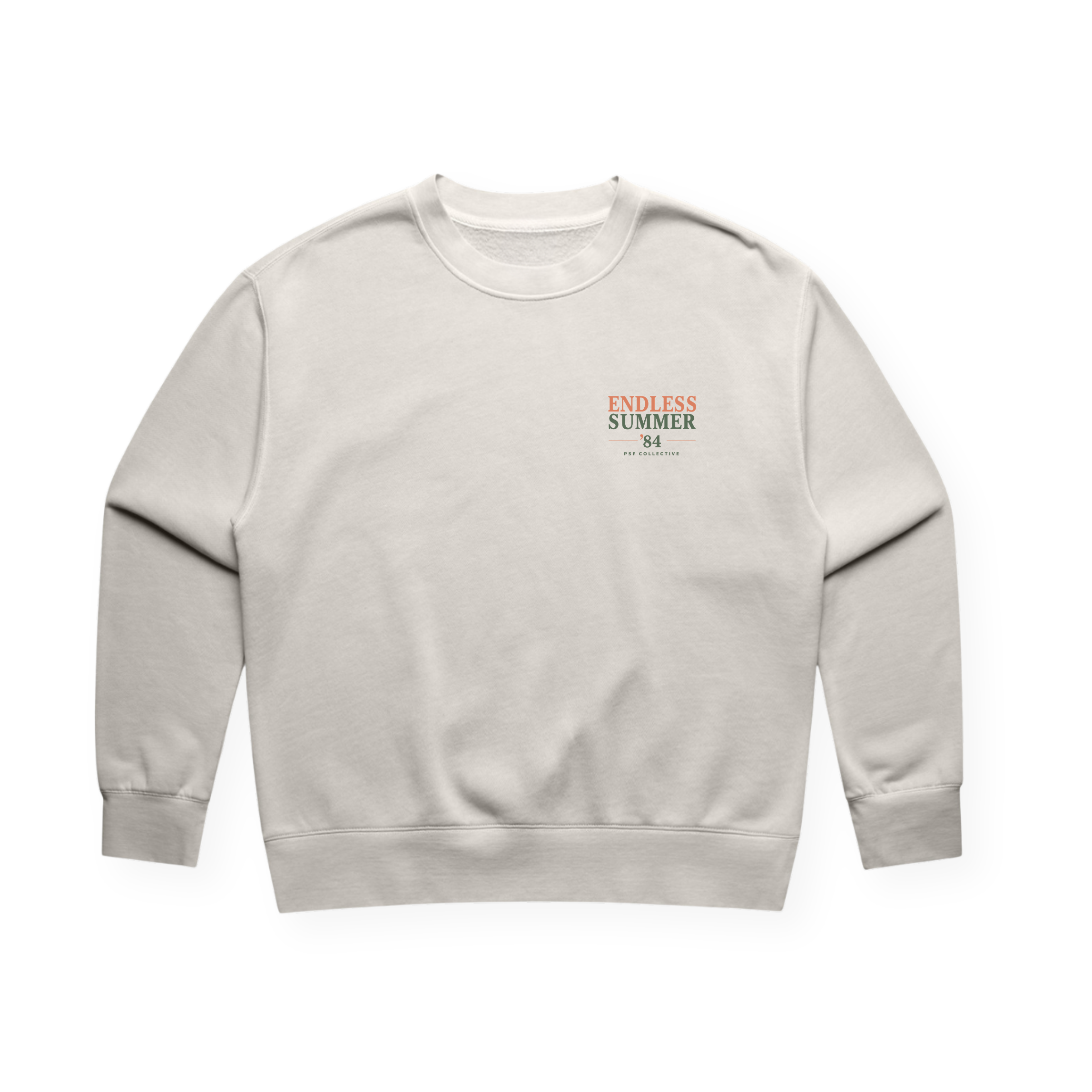 PSF Collective Introducing the Ladies Endless Summer Sweatshirt—a sustainable, light beige crewneck made from recycled plastic. This minimalist sweatshirt features long sleeves, ribbed cuffs, and subtle orange and green “ENDLESS SUMMER” text with the date 1984 on the left chest. No additional patterns or graphics complete its clean design. Designed for the Unwind
