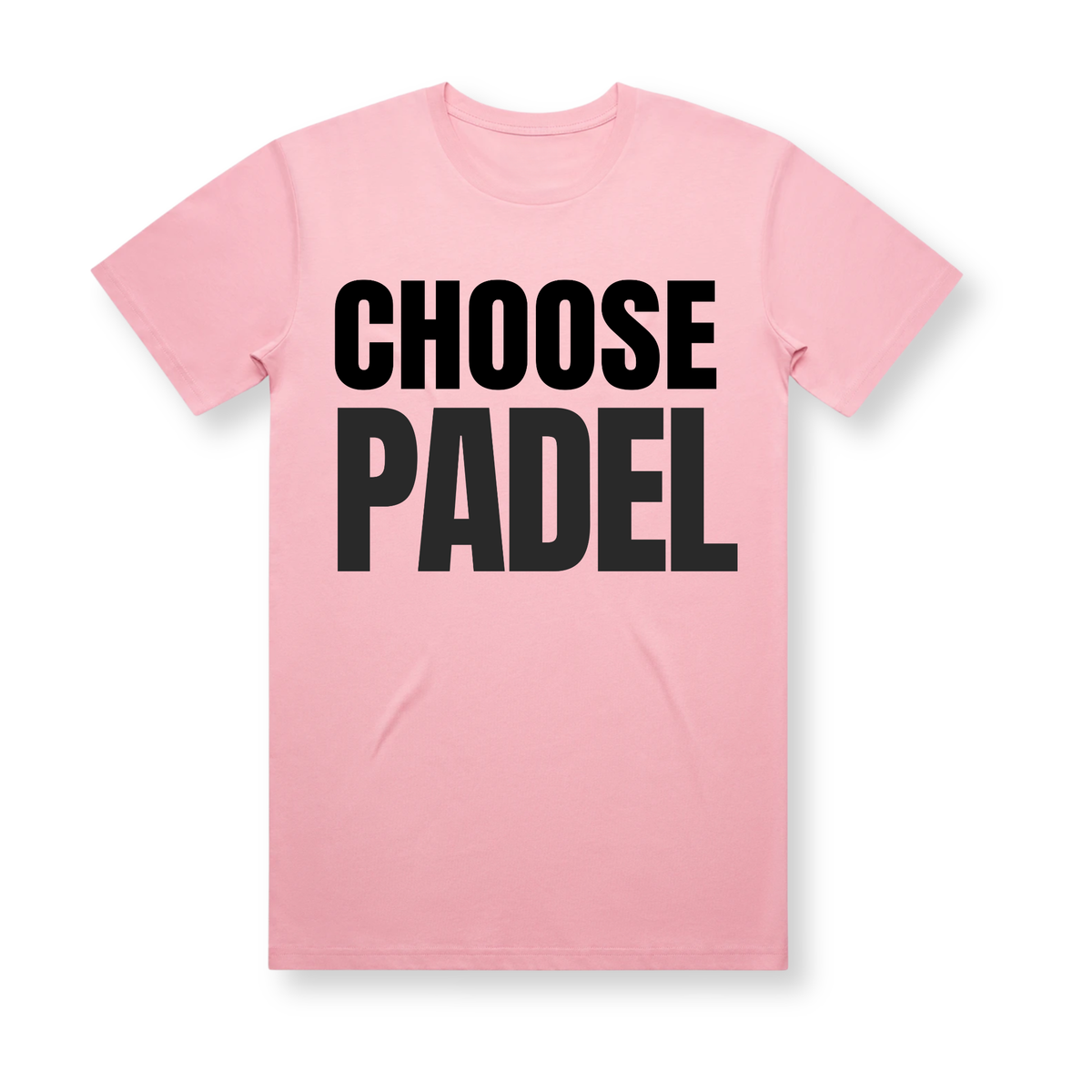 PSF Collective The CHOOSE PADEL Unisex Charity Tee is a pink padel t-shirt featuring bold black, all-caps text centered on the front. “CHOOSE” appears as the top line, while “PADEL” is displayed below in a larger font. Inspired by retro sportswear, this tee is showcased against a plain white background. Designed for the Unwind