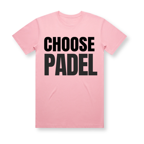 PSF Collective The CHOOSE PADEL Unisex Charity Tee is a pink padel t-shirt featuring bold black, all-caps text centered on the front. “CHOOSE” appears as the top line, while “PADEL” is displayed below in a larger font. Inspired by retro sportswear, this tee is showcased against a plain white background. Designed for the Unwind