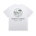PSF Collective The Porto Cervo Tee is a white, lived-in t-shirt showcasing a circular line drawing of a seaside scene—complete with buildings, a boat, waves, a tree, the sun, and a padel racket. Below the illustration, PORTO CERVO PADEL CLUB is printed in bold green capital letters. This tee is inspired by the laid-back spirit of Palma de Mallorca. Designed for the Unwind