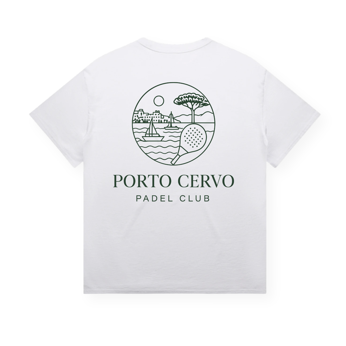 PSF Collective The Porto Cervo Tee is a white, lived-in t-shirt showcasing a circular line drawing of a seaside scene—complete with buildings, a boat, waves, a tree, the sun, and a padel racket. Below the illustration, PORTO CERVO PADEL CLUB is printed in bold green capital letters. This tee is inspired by the laid-back spirit of Palma de Mallorca. Designed for the Unwind