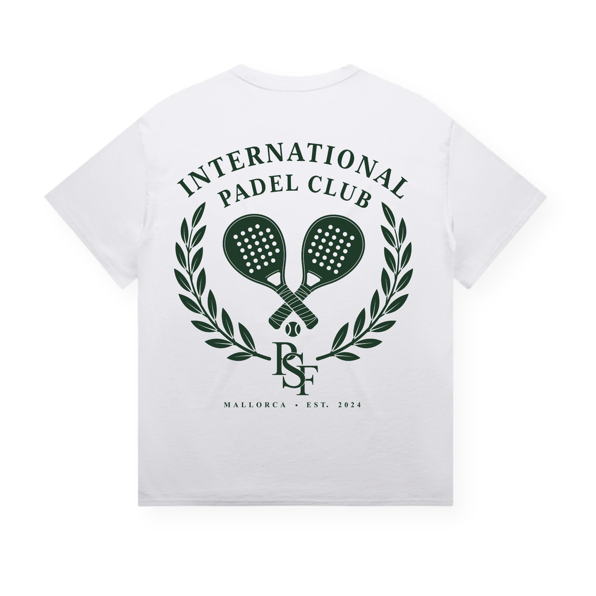 PSF Collective The International Crest Tee1 is a white t-shirt with a green graphic on the back, displaying two crossed padel rackets framed by a heritage crest laurel wreath. The design includes the text “INTERNATIONAL PADEL CLUB,” the PSF company logo, and “MALLORCA · EST. 2024” beneath. Designed for the Unwind